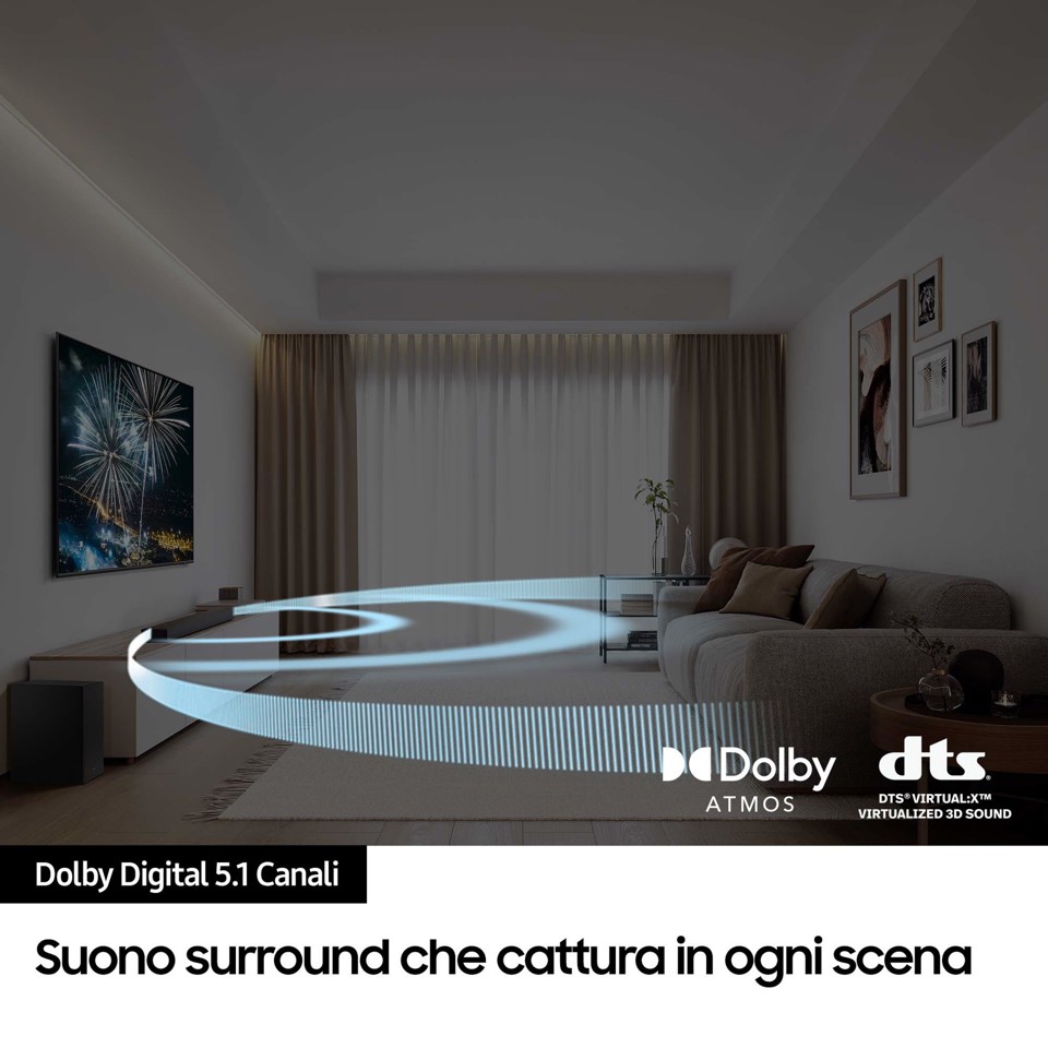 Samsung Soundbar HW-B750D/ZF Serie B, 6 Speaker, Wireless Dolby 5.1ch, Audio a 5.1 Canali, Surround sound expansion, Compatibile con Alexa e Google Assistant, Black 2024
