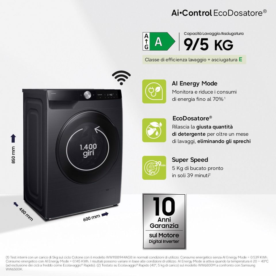 Samsung WD90DG6G94BB/U3 lavasciuga Libera installazione Caricamento frontale Nero