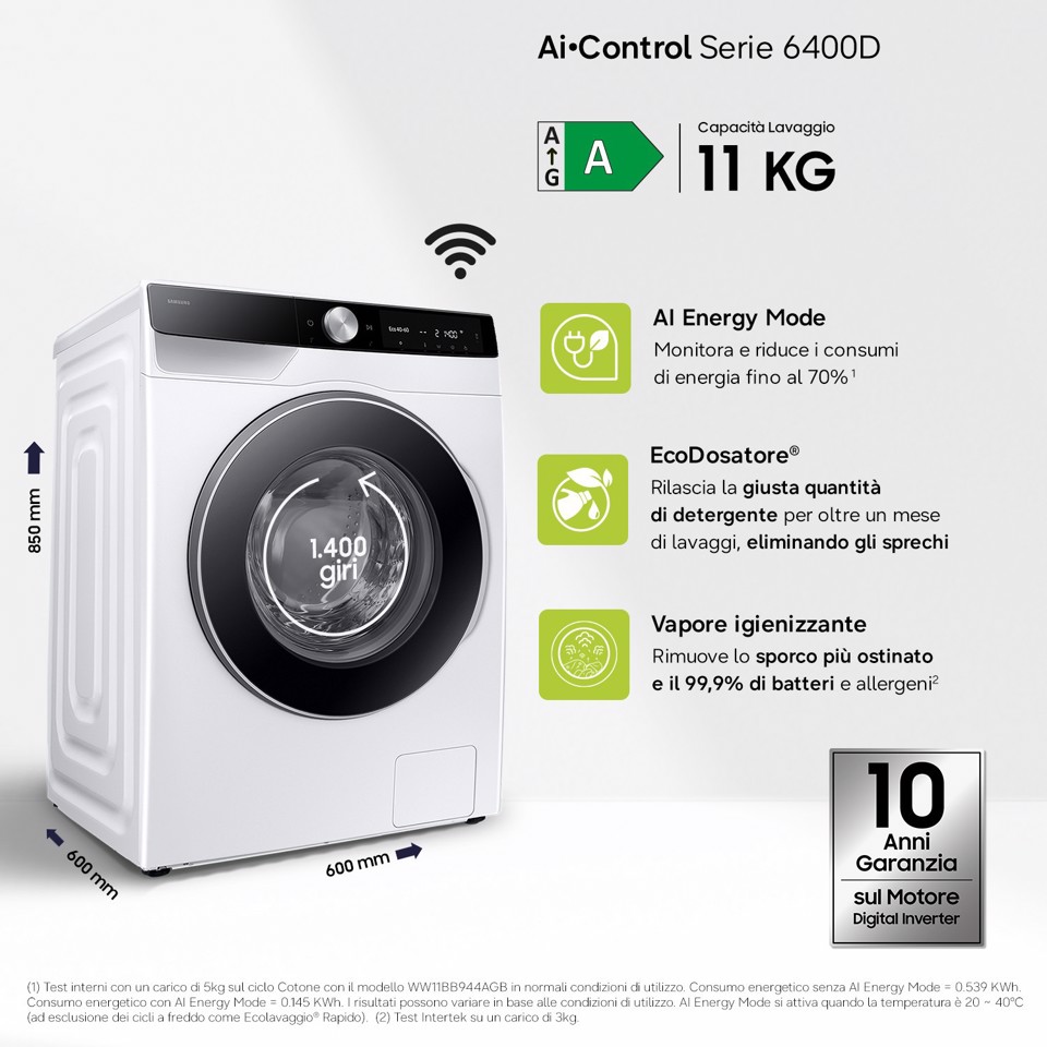 Samsung WW11DG6B85LK lavatrice Caricamento frontale 11 kg 1400 Giri/min Bianco