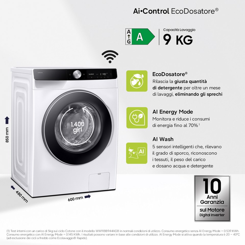 Samsung WW90DG6G94LKU3 lavatrice Caricamento frontale 9 kg 1400 Giri/min Bianco
