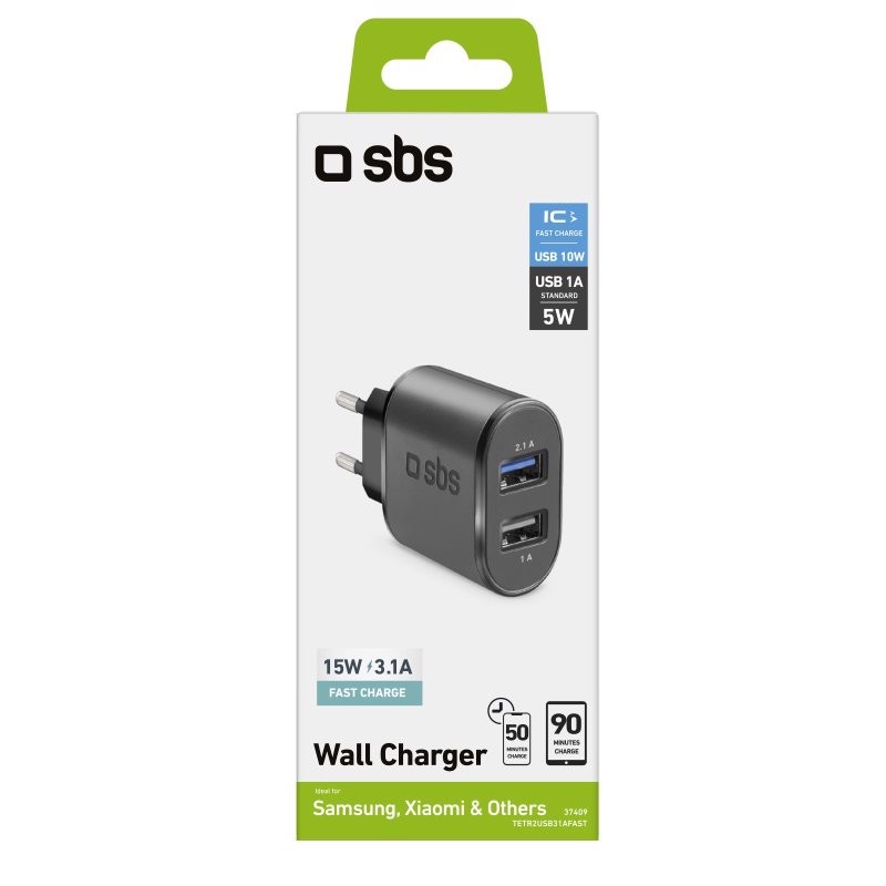 SBS Caricabatterie caricatore 15 Watt - Ricarica rapida con due porte USB
