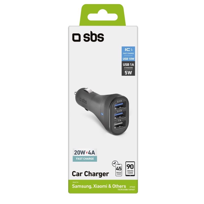 SBS Caricatore auto 20 Watt- Ricarica rapida con tre porte USB