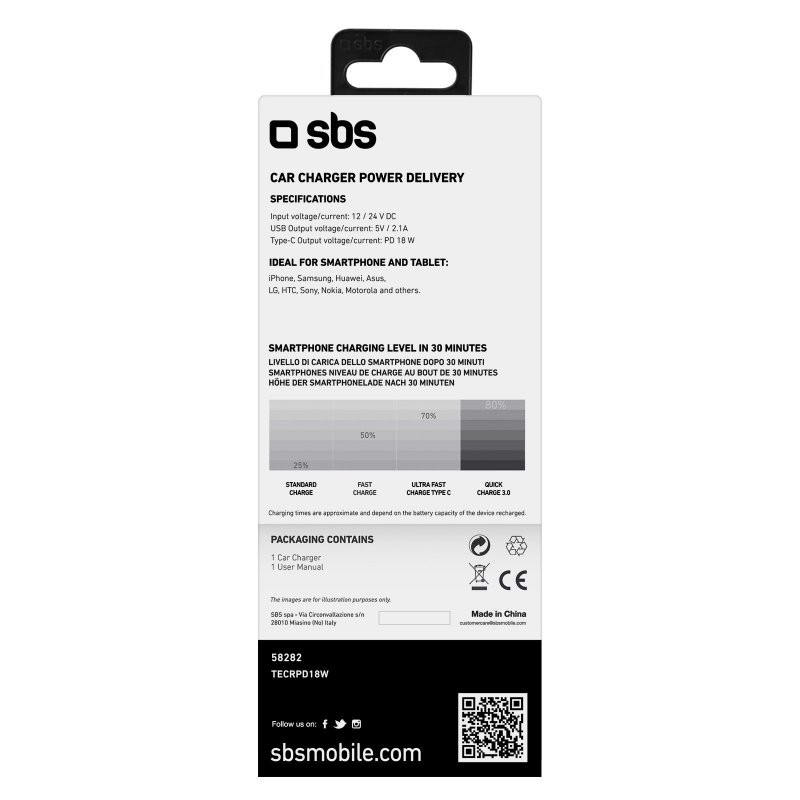 SBS Caricatore auto - Ricarica ultra rapida 18 Watt con due porte USB