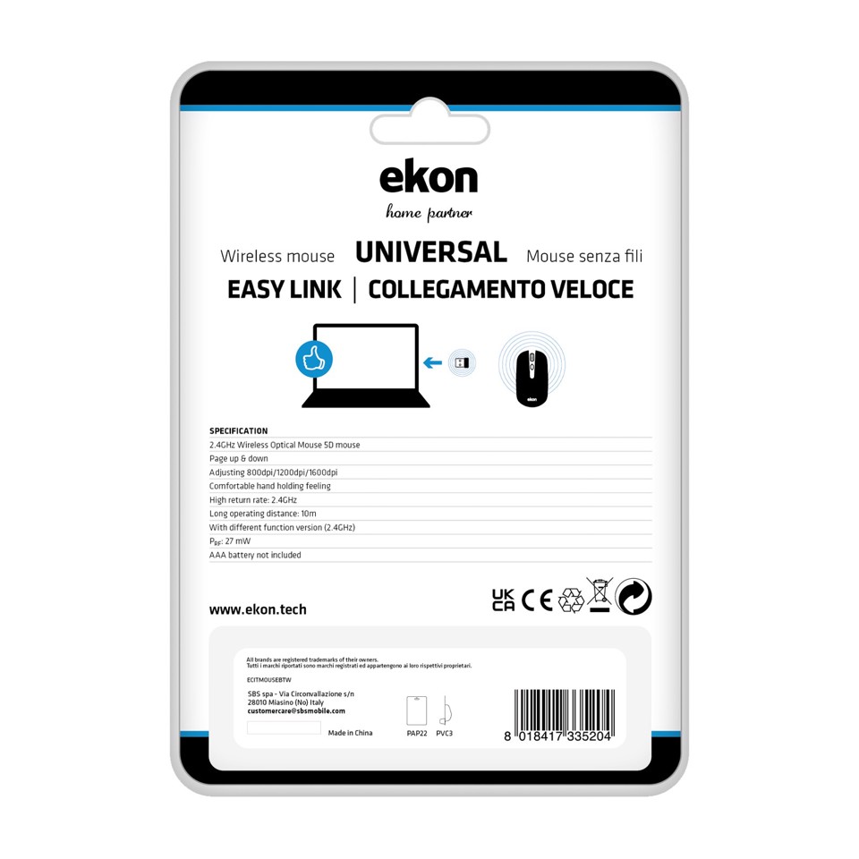 SBS ECITMOUSEBTW mouse Bluetooth Ottico