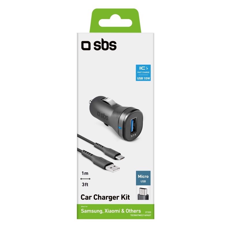 SBS Kit mini caricatore auto 10 Watt - Ricarica rapida con porta USB e cavo USB e Micro-USB incluso