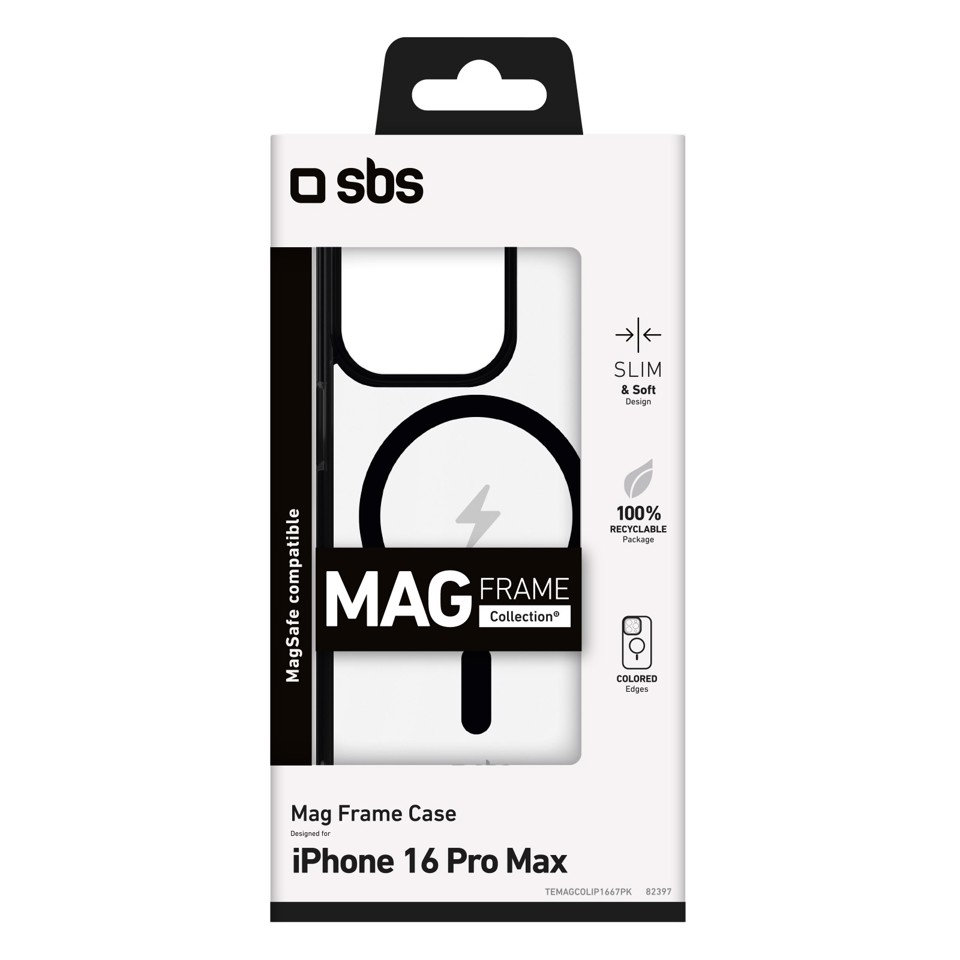 SBS Mag frame Cover Nero, Trasparente iphone 16 pro magsafe