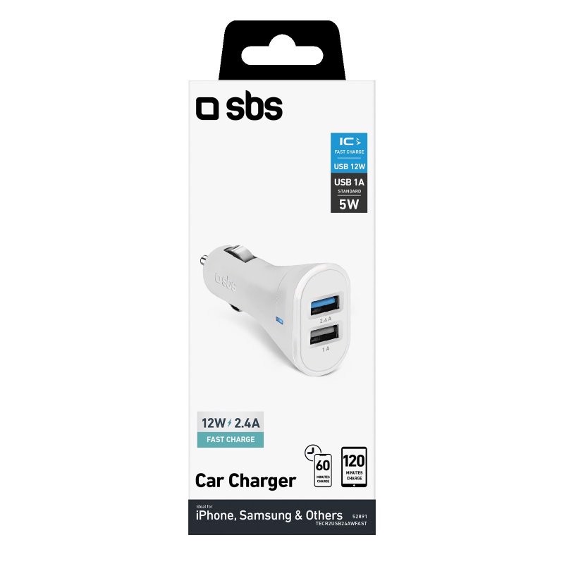 SBS Mini caricatore auto 12W - Ricarica rapida con due porte USB