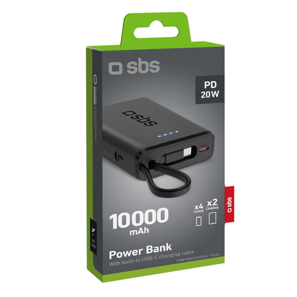 SBS Powerbank 10.000mAh PD20W con cavo integrato.