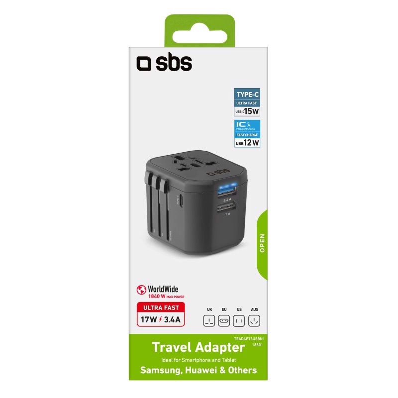 SBS TEADAPT3USBNI Caricabatterie per dispositivi mobili Nero Interno