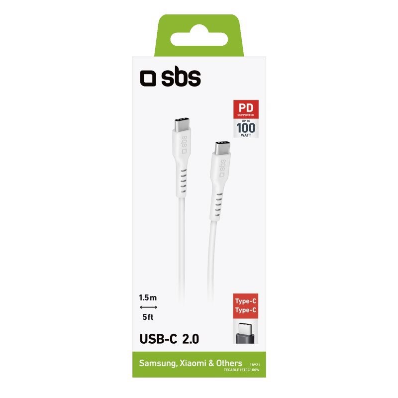 SBS TECABLE15TCC100W cavo USB 1,5 m USB C 0,48 Gbit/s 100 W Bianco