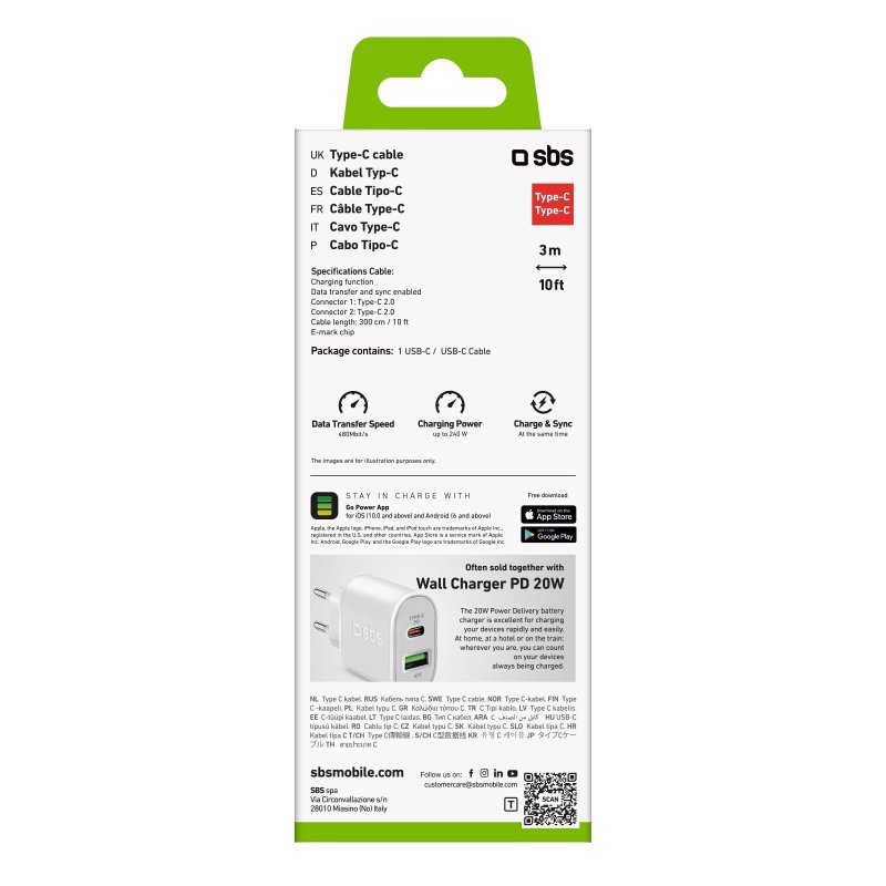 SBS TECABLE3MTCC240W cavo USB USB 2.0 3 m USB C 0,48 Gbit/s 240 W Bianco