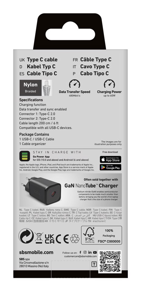 SBS TECABLETISSUE2G cavo USB 2 m USB C 60 W Grigio