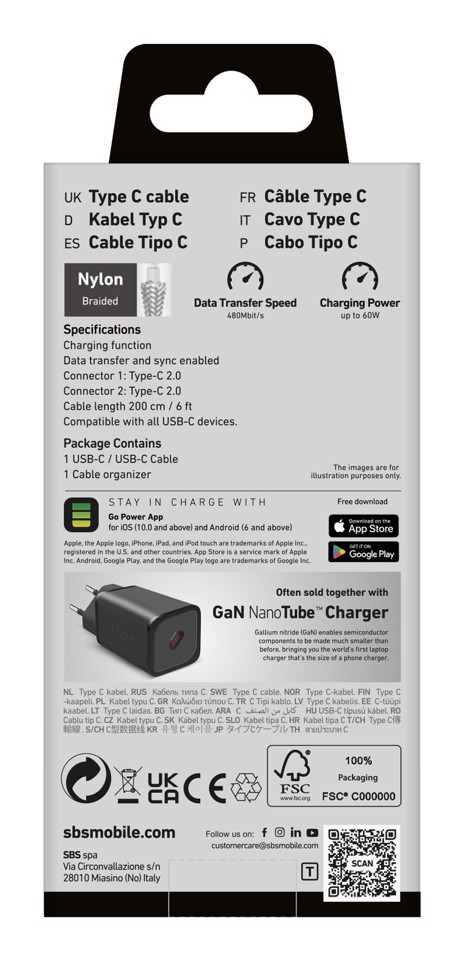 SBS TECABLETISSUE2G cavo USB 2 m USB C Grigio