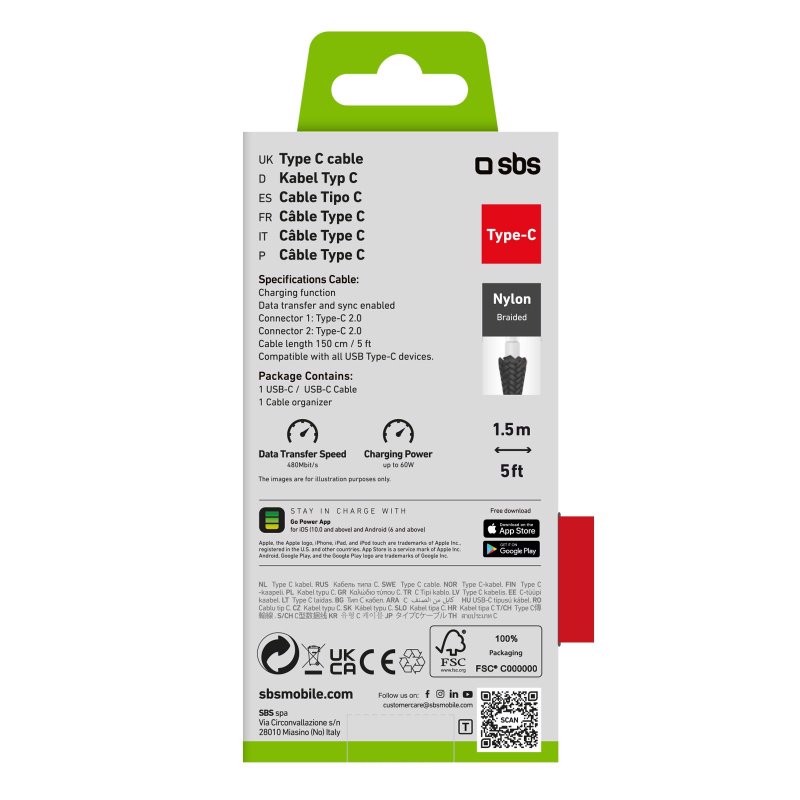 SBS TECABLETISSUETCCB cavo USB 1,5 m USB 2.0 USB C Nero