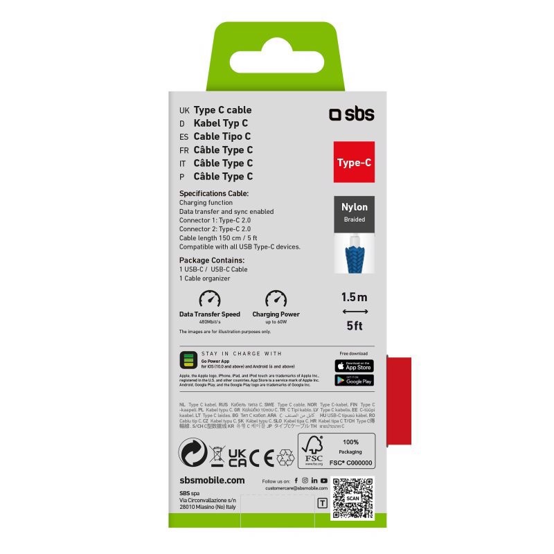SBS TECABLETISSUETCCB cavo USB USB 2.0 1,5 m USB C 0,48 Gbit/s 60 W Blu