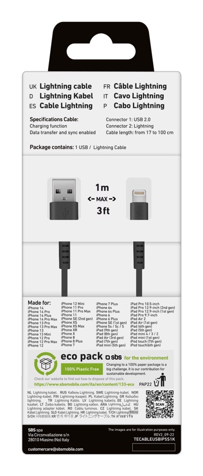 SBS TECABLEUSBIP5S1K cavo Lightning 1 m Nero