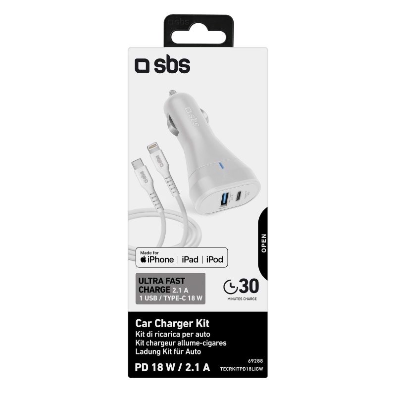 SBS TECRKITPD18LIGW Caricabatterie per dispositivi mobili Telefono cellulare, Tablet Bianco Lightning Ricarica rapida Auto