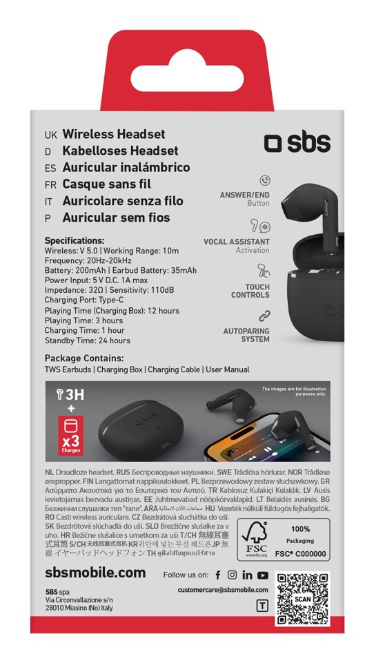 SBS TEEARTWSGOPODSK cuffia e auricolare True Wireless Stereo (TWS) In-ear Musica e Chiamate Bluetooth Nero