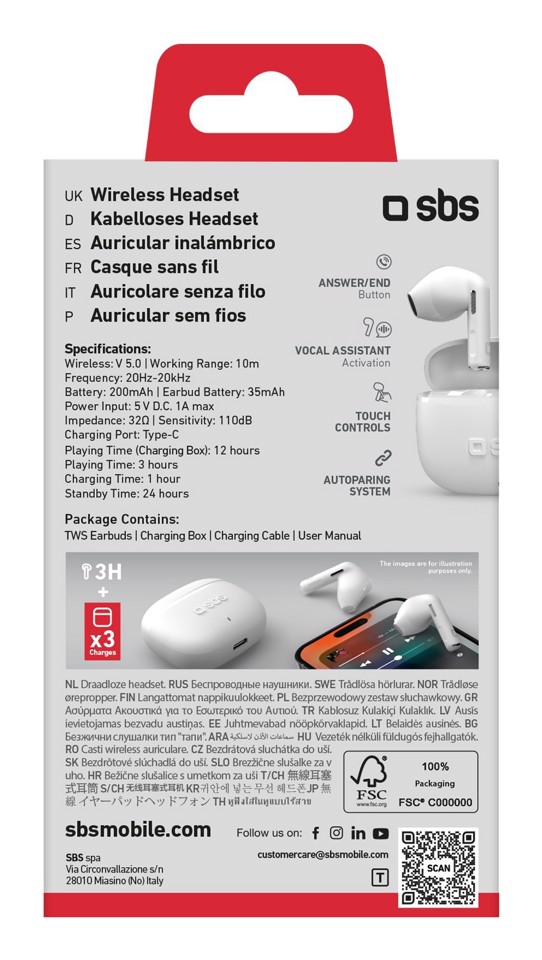 SBS TEEARTWSGOPODSW cuffia e auricolare True Wireless Stereo (TWS) In-ear Musica e Chiamate Bluetooth Bianco