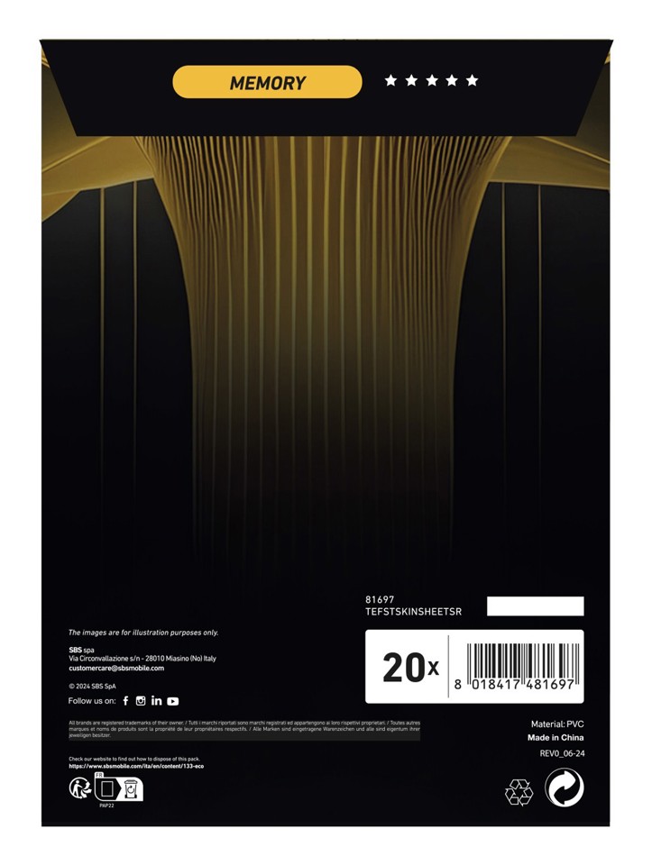 SBS TEFSTSKINSHEETSR protezione per lo schermo e il retro dei telefoni cellulari Pellicola proteggischermo trasparente Universale 20 pz