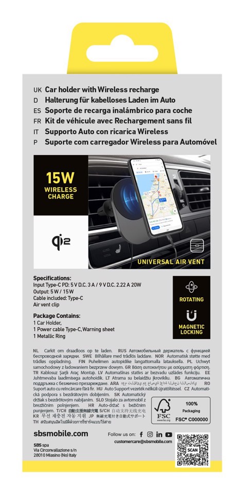 SBS TESUPPVENTWIRQI215W Caricabatterie per dispositivi mobili Smartphone Nero USB Carica wireless Auto