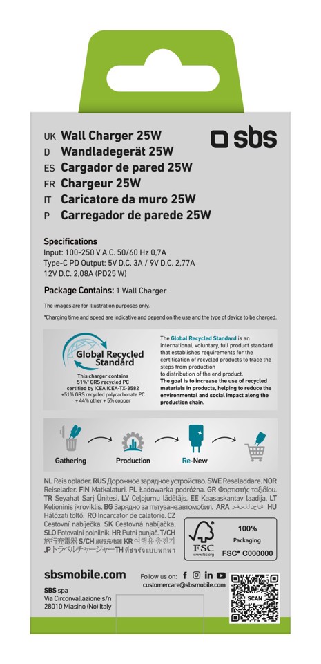 SBS TETR1CPD25LGGRS Caricabatterie per dispositivi mobili Universale Azzurro AC Ricarica rapida Interno
