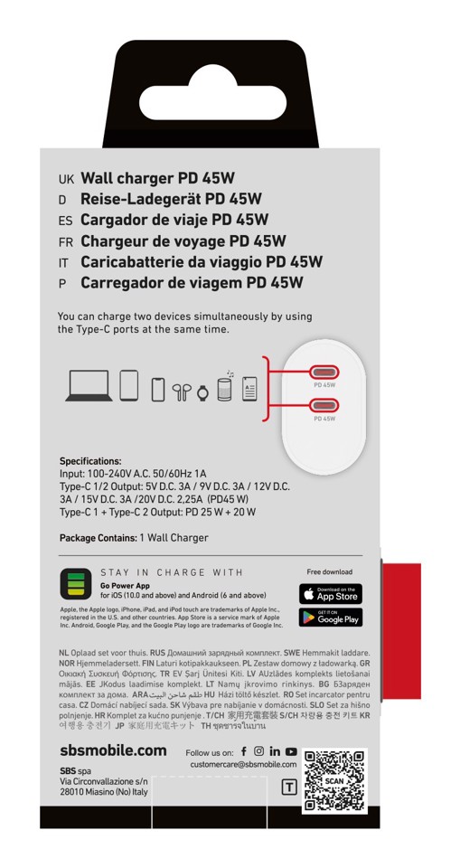 SBS TETR2CPD45W Caricabatterie per dispositivi mobili Universale Bianco AC Ricarica rapida Interno