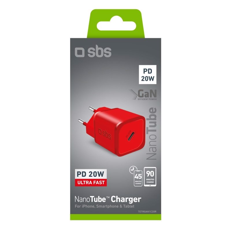 SBS TETRGAN1C20R Caricabatterie per dispositivi mobili Cuffie, Altoparlante portatile, Smartphone, Orologio intelligente, Tablet Rosso AC Ricarica rapida Interno