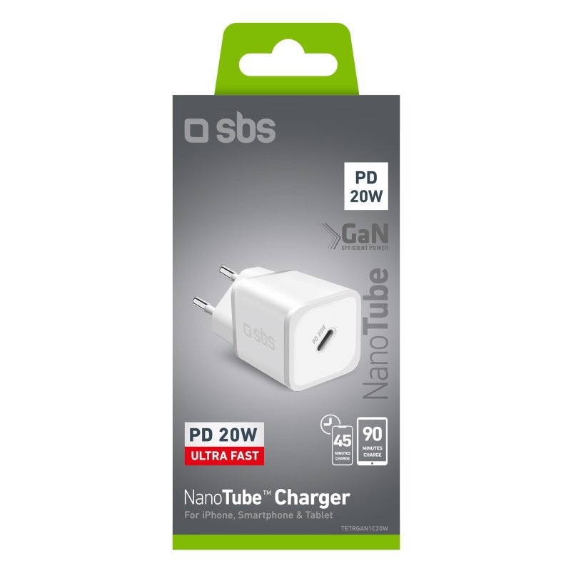 SBS TETRGAN1C20W Caricabatterie per dispositivi mobili Cuffie, Altoparlante portatile, Smartphone, Orologio intelligente, Tablet Bianco AC Ricarica rapida Interno