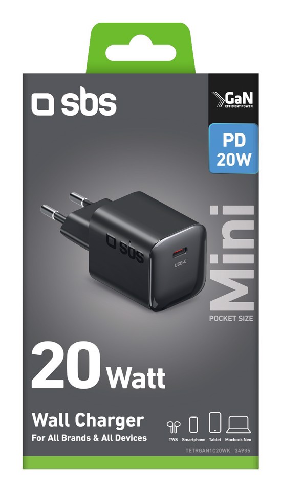 SBS TETRGAN1C20WK Caricabatterie per dispositivi mobili Smartphone, Tablet Nero AC Ricarica rapida Interno