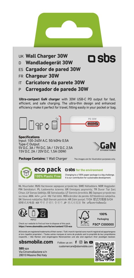 SBS TETRGAN1C30SLIM Caricabatterie per dispositivi mobili Universale Bianco AC Ricarica rapida Interno