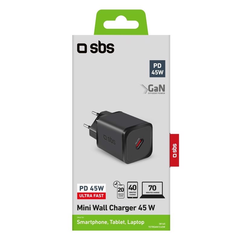 SBS TETRGAN1C45W Caricabatterie per dispositivi mobili Cuffie, Computer portatile, Smartphone, Orologio intelligente, Tablet Nero AC Ricarica rapida Interno