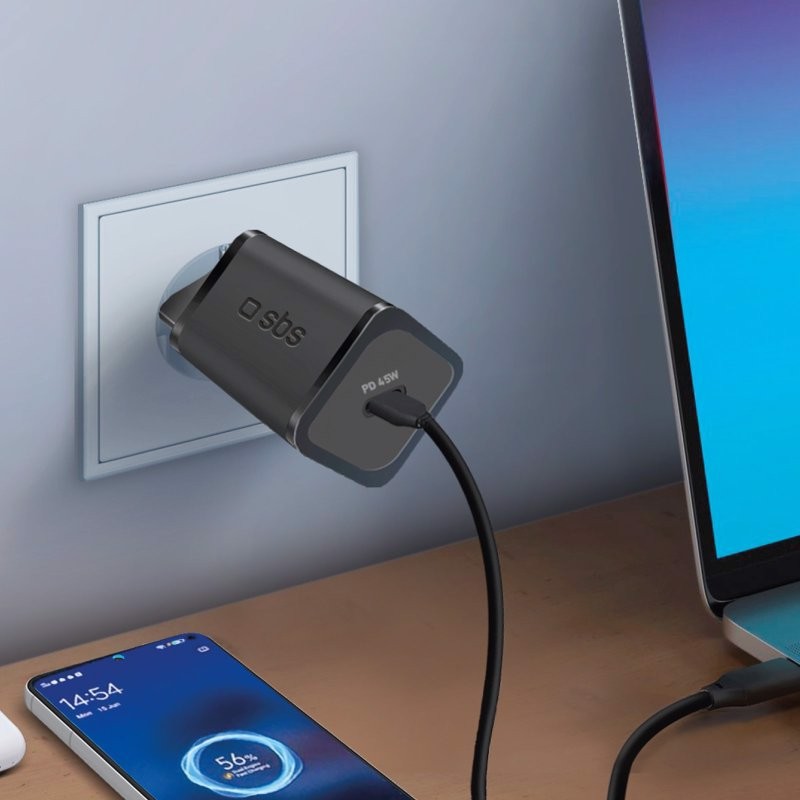 SBS TETRGAN1C45W Caricabatterie per dispositivi mobili Cuffie, Computer portatile, Smartphone, Orologio intelligente, Tablet Nero AC Ricarica rapida Interno