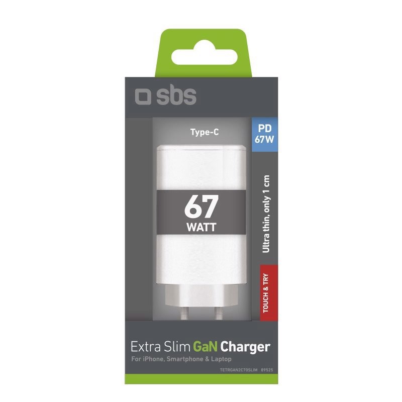 SBS TETRGAN2C70SLIM Caricabatterie per dispositivi mobili Telefono cellulare, Computer portatile, Tablet Bianco USB Ricarica rapida Esterno