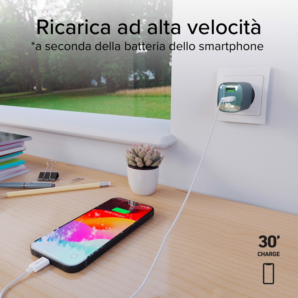 SBS TETRGANLCD1USB1C30A Caricabatterie per dispositivi mobili Universale Azzurro AC Ricarica rapida Interno