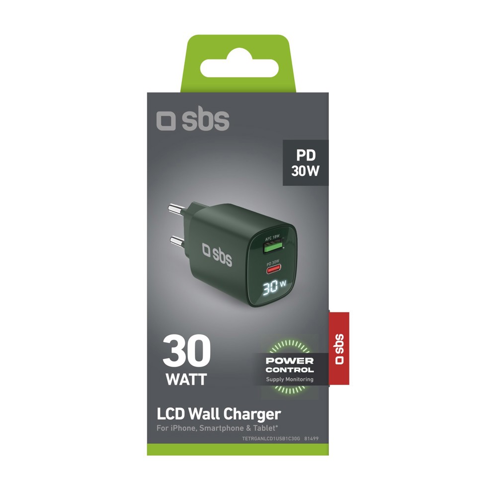 SBS TETRGANLCD1USB1C30G Caricabatterie per dispositivi mobili Universale Verde AC Ricarica rapida Interno