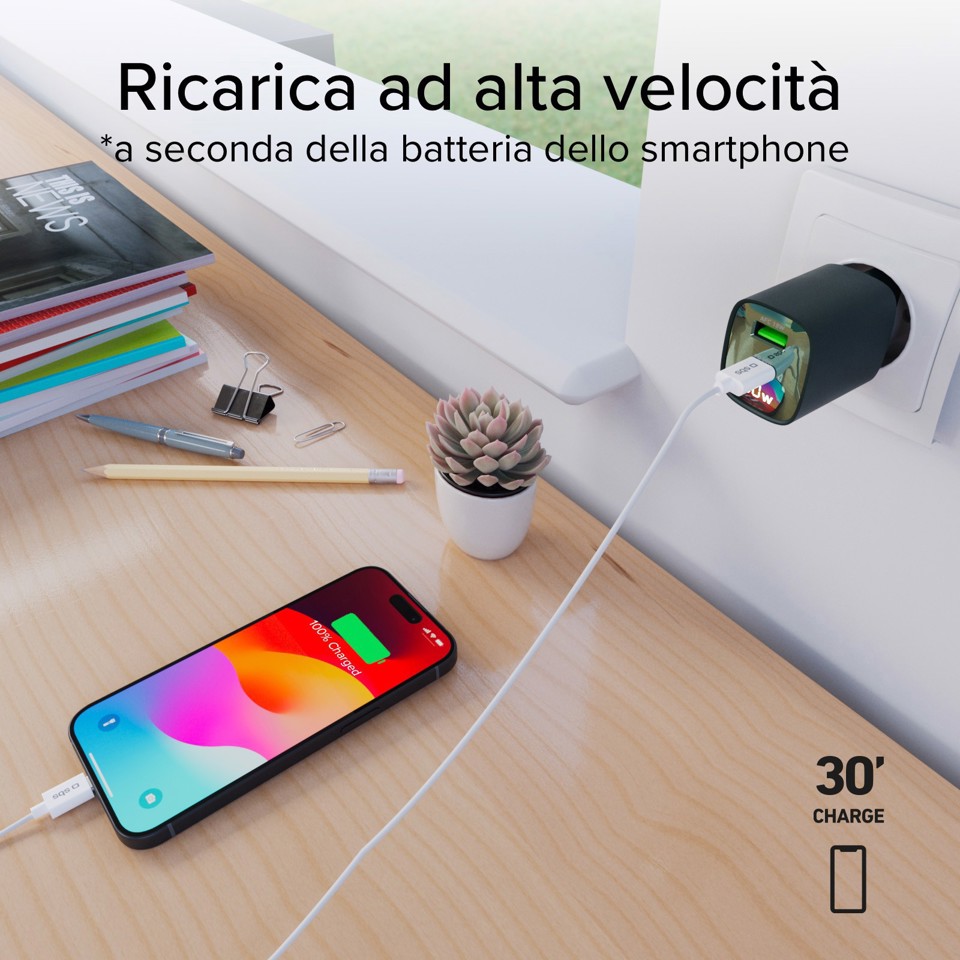SBS TETRGANLCD1USB1C30G Caricabatterie per dispositivi mobili Universale Verde AC Ricarica rapida Interno