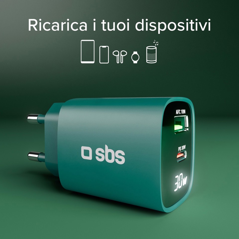 SBS TETRGANLCD1USB1C30G Caricabatterie per dispositivi mobili Universale Verde AC Ricarica rapida Interno