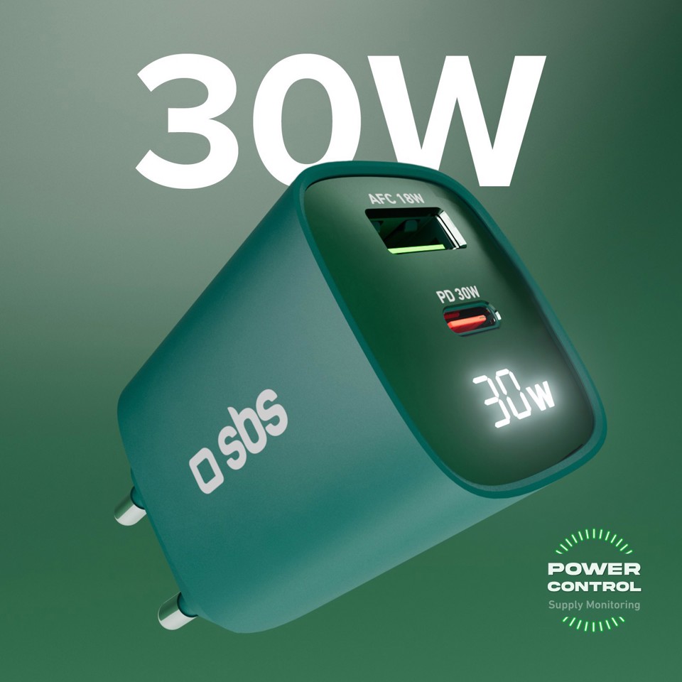 SBS TETRGANLCD1USB1C30G Caricabatterie per dispositivi mobili Universale Verde AC Ricarica rapida Interno