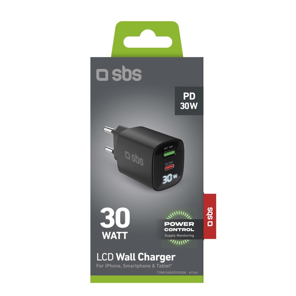 SBS TETRGANLCD1USB1C30K Caricabatterie per dispositivi mobili Universale Nero AC Ricarica rapida Interno