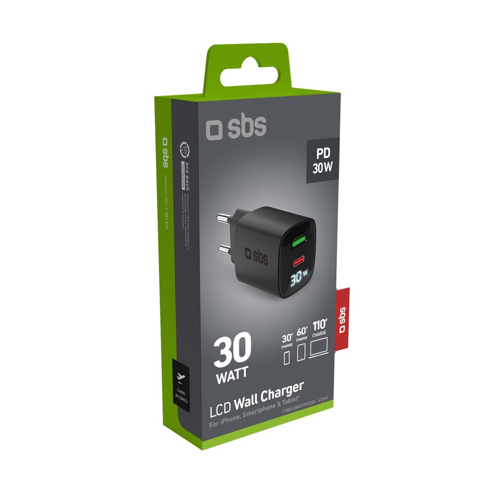 SBS TETRGANLCD1USB1C30K Caricabatterie per dispositivi mobili Universale Nero AC Ricarica rapida Interno