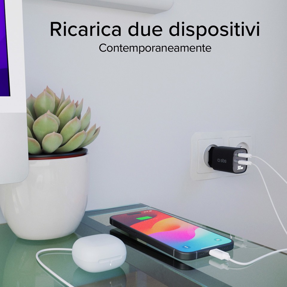 SBS TETRGANLCD1USB1C30K Caricabatterie per dispositivi mobili Universale Nero AC Ricarica rapida Interno