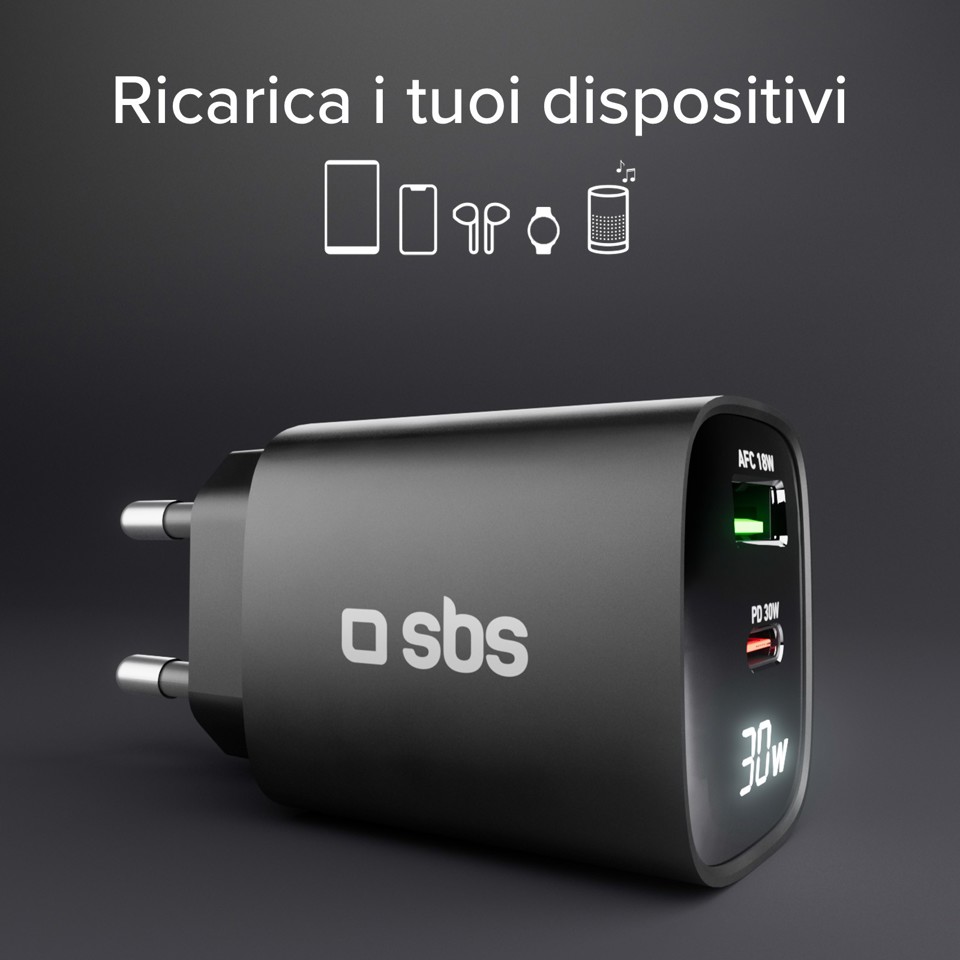 SBS TETRGANLCD1USB1C30K Caricabatterie per dispositivi mobili Universale Nero AC Ricarica rapida Interno
