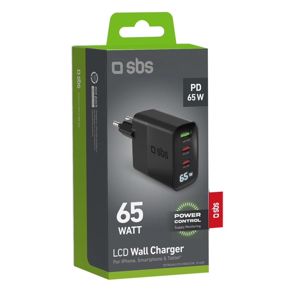SBS TETRGANLCD1USB2C65K Caricabatterie per dispositivi mobili Universale Nero AC Ricarica rapida Interno
