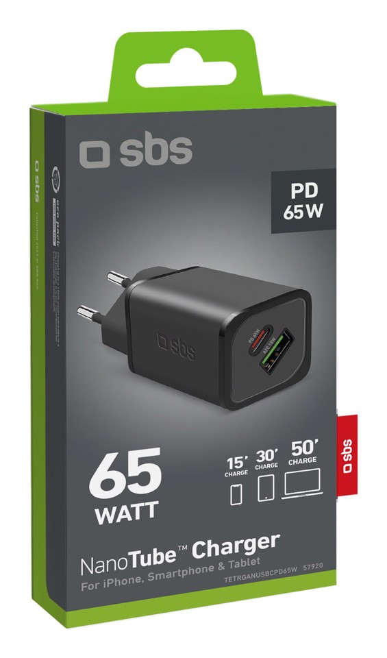 SBS TETRGANUSBCPD65W Caricabatterie per dispositivi mobili Lettore e-book, Fitness tracker, GPS, Auricolare, Telefono cellulare, Altoparlante portatile, Power bank, Smartphone, Orologio intelligente, Tablet Nero AC Ricarica rapida Interno