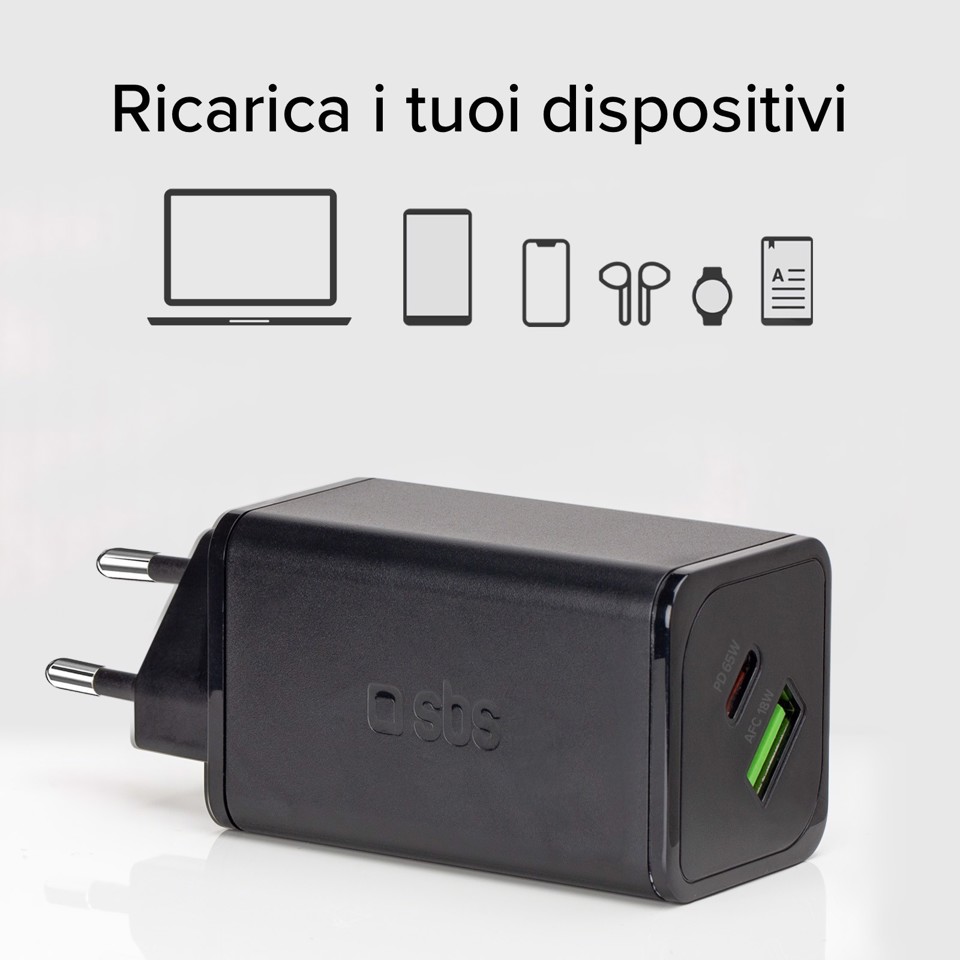 SBS TETRGANUSBCPD65W Caricabatterie per dispositivi mobili Lettore e-book, Fitness tracker, GPS, Auricolare, Telefono cellulare, Altoparlante portatile, Power bank, Smartphone, Orologio intelligente, Tablet Nero AC Ricarica rapida Interno