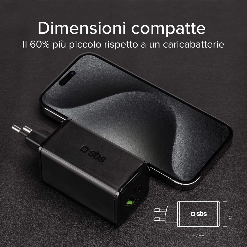 SBS TETRGANUSBCPD65W Caricabatterie per dispositivi mobili Lettore e-book, Fitness tracker, GPS, Auricolare, Telefono cellulare, Altoparlante portatile, Power bank, Smartphone, Orologio intelligente, Tablet Nero AC Ricarica rapida Interno