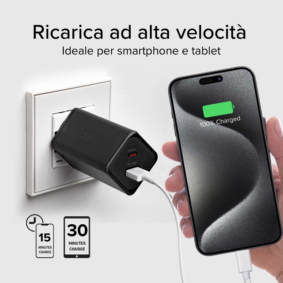 SBS TETRGANUSBCPD65W Caricabatterie per dispositivi mobili Lettore e-book, Fitness tracker, GPS, Auricolare, Telefono cellulare, Altoparlante portatile, Power bank, Smartphone, Orologio intelligente, Tablet Nero AC Ricarica rapida Interno