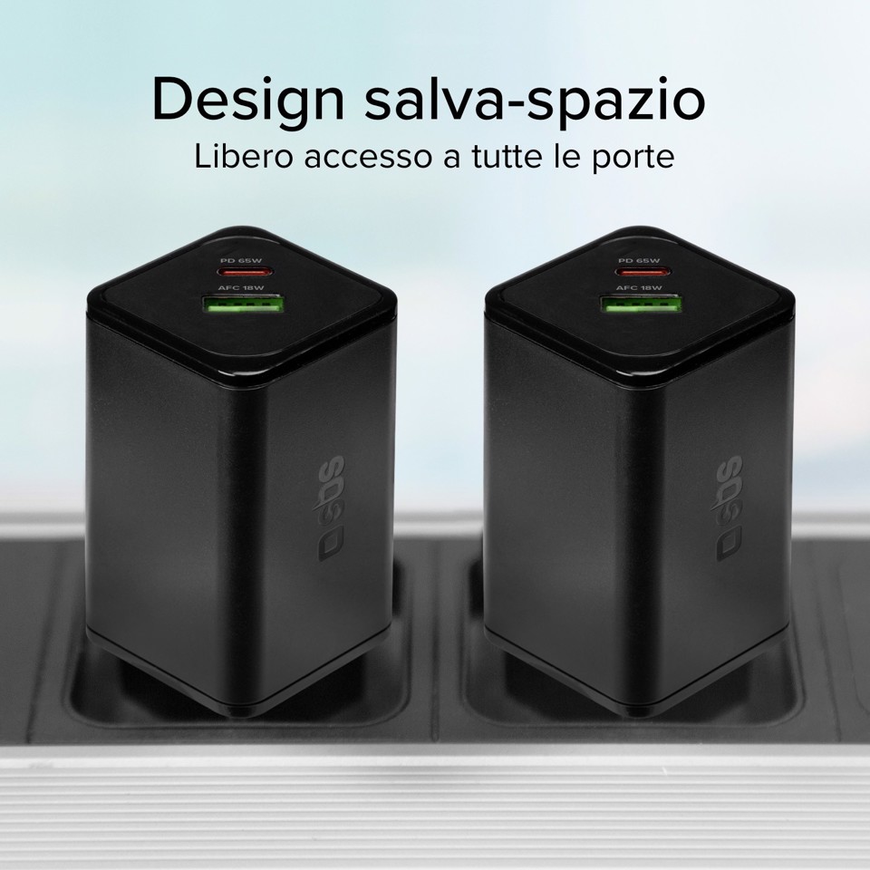 SBS TETRGANUSBCPD65W Caricabatterie per dispositivi mobili Lettore e-book, Fitness tracker, GPS, Auricolare, Telefono cellulare, Altoparlante portatile, Power bank, Smartphone, Orologio intelligente, Tablet Nero AC Ricarica rapida Interno