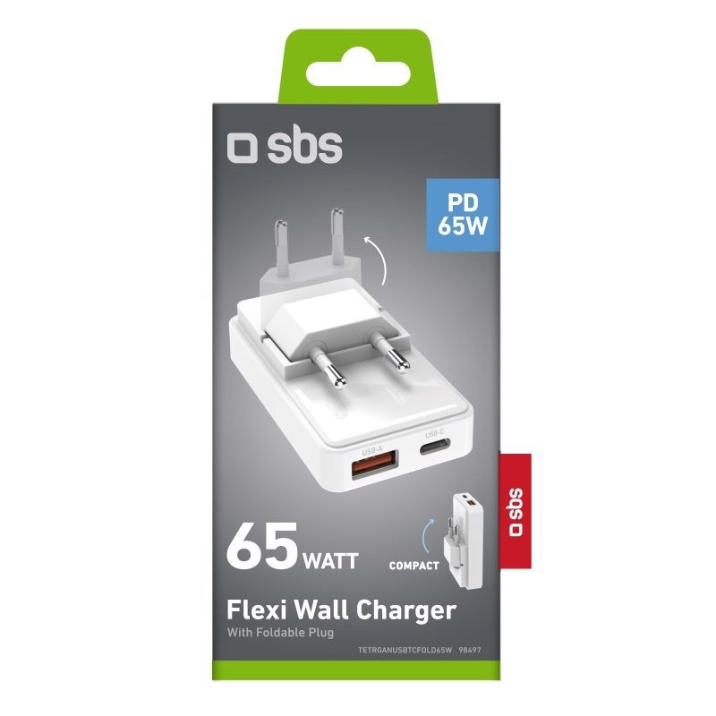 SBS TETRGANUSBTCFOLD65W Caricabatterie per dispositivi mobili Universale Bianco AC Ricarica rapida Interno, Esterno